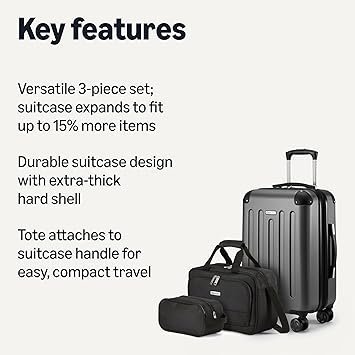 Basics 3Piece Luggage Set Including CarryOn Luggage 22 Expandable Hardside Suitcase With 8 Spinner Wheels 15 Tote Bag and 10 Compact Travel Bag Black