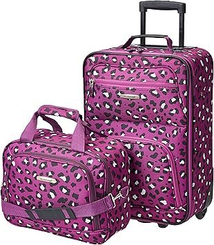 Rockland Fashion Softside Upright Luggage Set ExpandableTelescopic HandleWheel Purple Leopard 2Piece 1419